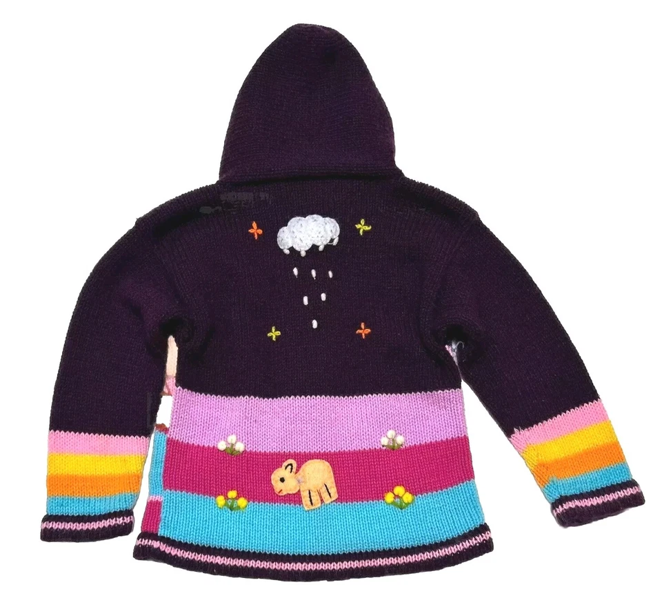 Suéter Tejido Niñas Talla 4T Púrpura Rosa Sudadera con Capucha Hecho a Mano Cremallera Cordero Granja Cárdigan De Colección Foto 3 de 4