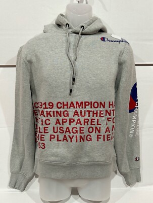 Champion Mens Size M Sweatshirt Graphic Print Hoodie Gray Super Fleece  READ