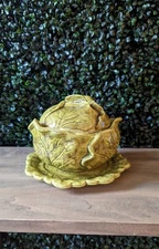 Mid Century Modern Cabbage Shape Covered Casserole Dish, Vintage Stoneware Dish