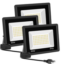 3 Pack 80W LED Warm White Floodlight, 3000K Outside Flood Light with Plug, Ul...