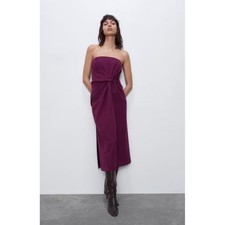 NWT Zara Strapless Twist Front Midi Dress Plum Purple Draped Knot Gown Small