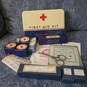 Johnson and Johnson Vintage First Aid Kit Metal Box Original Contents USA Made