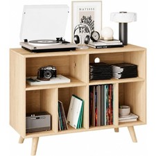 Wooden Record Player Stand Vinyl Storage Cabinet with Charging Station and Shelf