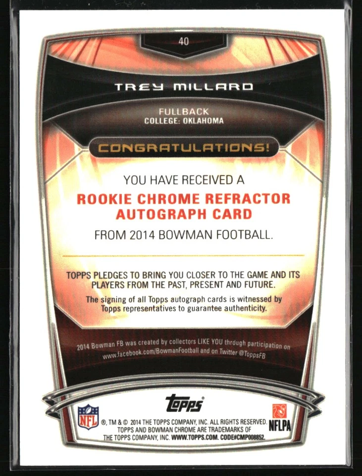 2014 Bowman #40 Trey Millard Chrome Rookie Autographs Gold Refractors #/75 - Image 2 of 2