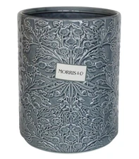 Large Morris & Co. Slate Blue Embossed Floral Ceramic Trash Can Wastebasket NWT