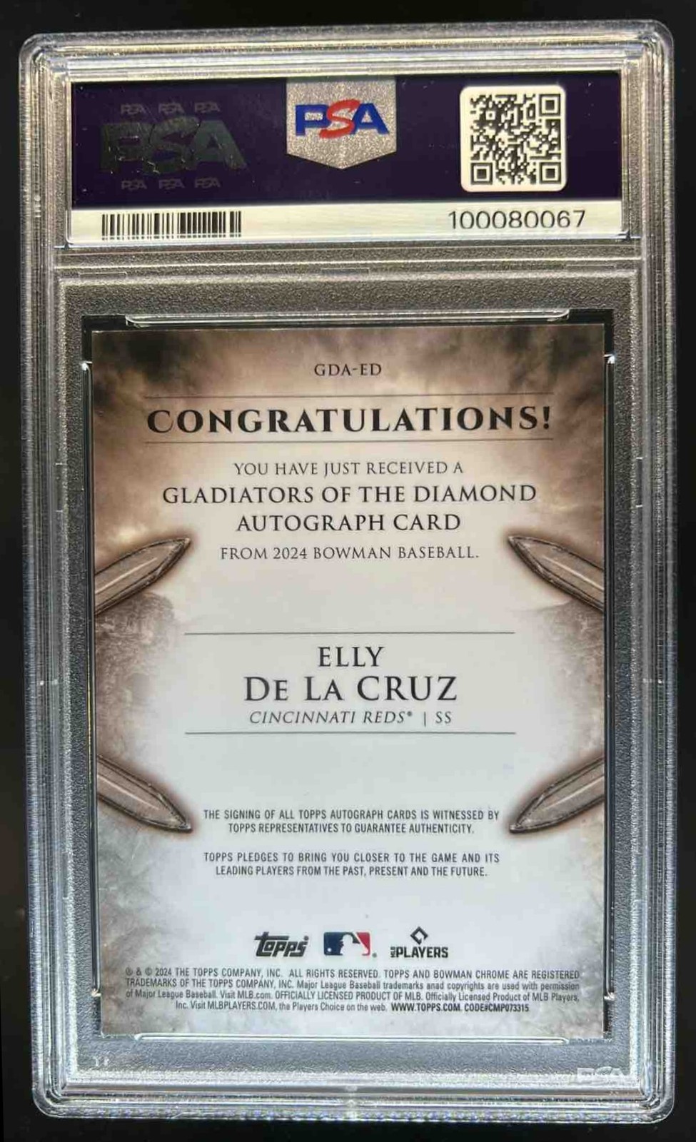 2024 Bowman Elly De La Cruz Gladiators of Diamond Chrome Auto RC Gold #/50 PSA 9 view 2