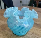 Fenton Blue Opalescent Ribbed Vase Double Ruffles