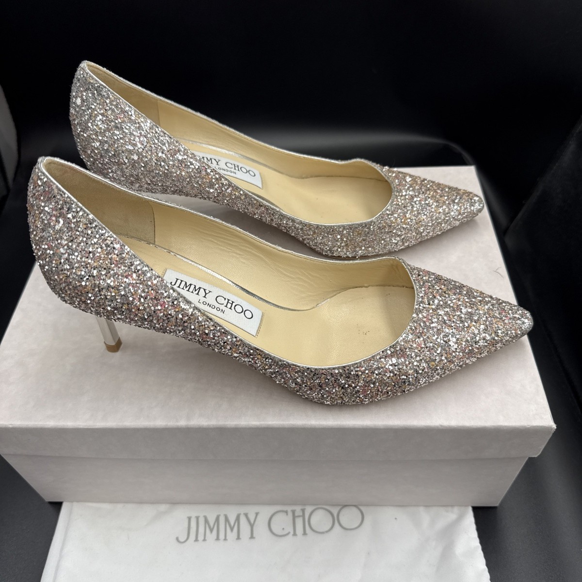 Jimmy Choo Romy 60 Pink Silver Coarse Glitter Mid Heels Shoes Size