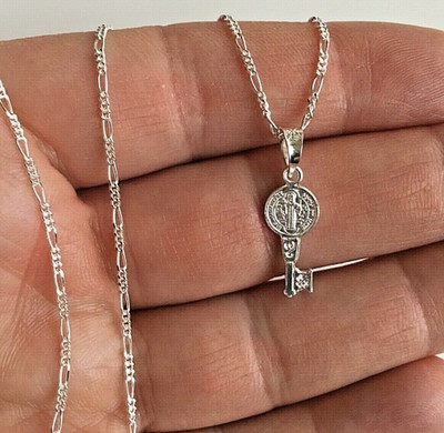 925 Sterlingsilber San Benito Heiliger Benedikt Schlüssel Anhänger 20'' Halskette -22x8mm