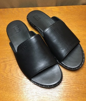 NWT FitFlop Saffi Black Satin Leather Studded Slide Sandals Size 7 MSRP $150