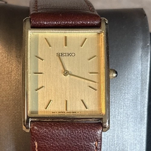 Seiko Tank Mens Vintage Watch Gold Dial Gold Plated 7N00-0AZ0 Leather