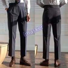 Formal Men's Gurkha High Waist Striped Straight Pants Business Casual Trousers