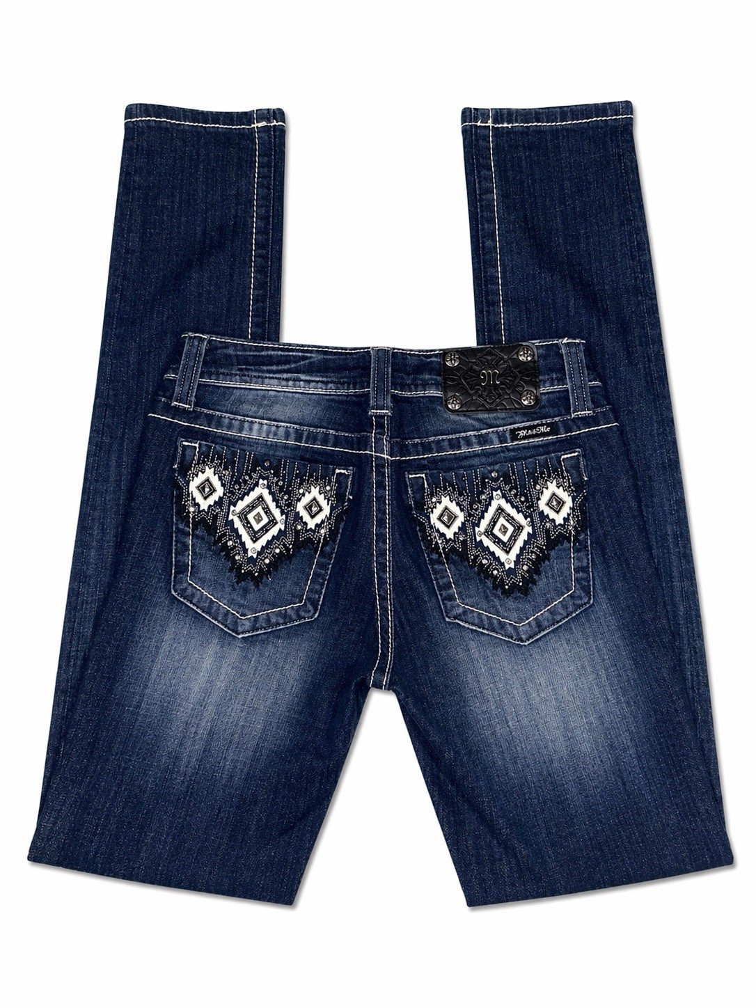 Miss Me Women's Blue Skinny Jeans Medium Wash Embroidered Geometric Denim 28x32