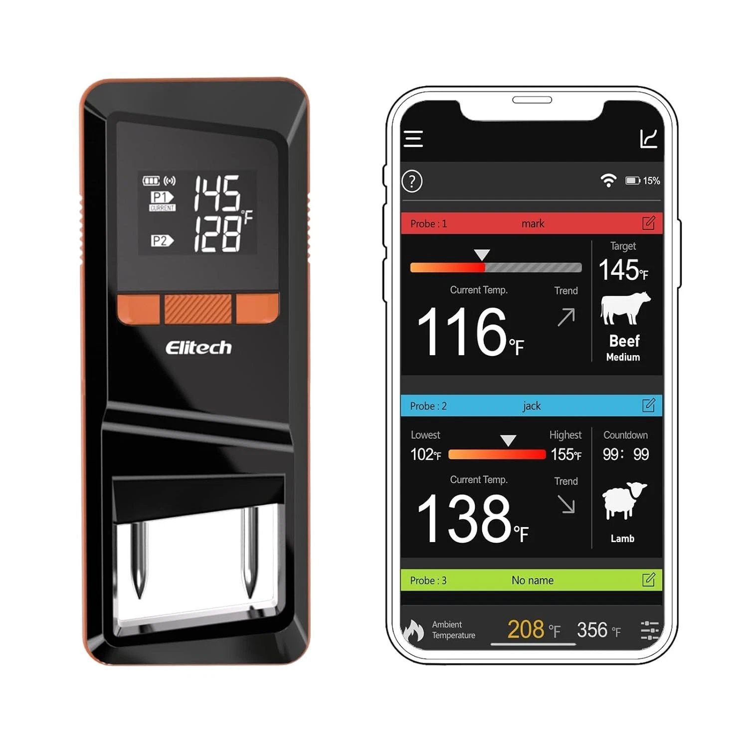 Elitech Digital Meat Thermometer Bluetooth 2 Probes, Wireless Food Thermometer f
Opens in a new wind