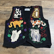 Vintage Bellepointe Cat Knit Sweater Vest Grandmacore Womens L Large READ DESC