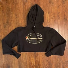 Champion women’s medium cropped black hoodie bedazzled big C reverse weave gold