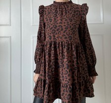 Eash Brown Black Leopard Print Tunic Blouse Top Size S/M