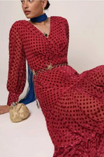 NEW Rixo Elsie RED Polka-Dot Flocked Chiffon Midi  Silk Dress Size  XL