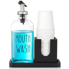 Mouthwash Dispenser 16 OZ with Pour Spout and Wood Holder for Bathroom Decor
