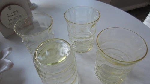 4 Anchor Hocking Block Optic Yellow Vaseline Glass 8 oz Tumbler 1929-33