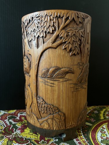Chinese Antique Old Bamboo Carved Lady Brush Pot Office Pen Holder Red Label - Picture 5 of 7