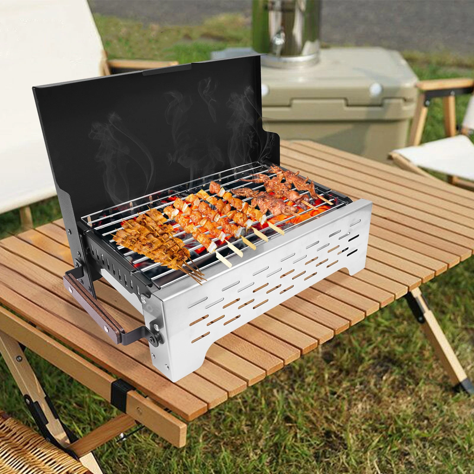 BBQ Grill Charcoal Barbecue Grill Stainless Steel Folding Camping Yard Portable