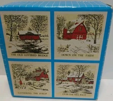 Vintage Artmark Farm Scene Tile Set 4 Winter Red Barns Covered Bridge Taiwan