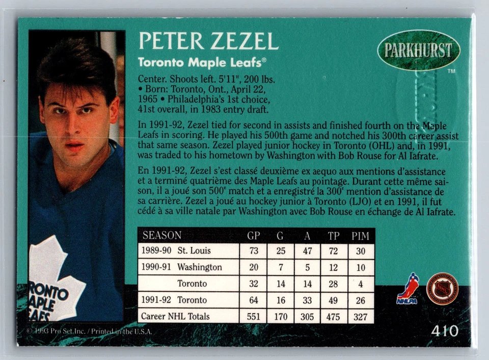 1992-93 Parkhurst #410 Peter Zezel Emerald Ice - Image 2 of 2