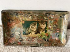 Antique Kittens Cats Cigar Band Folk Art Glass Tray