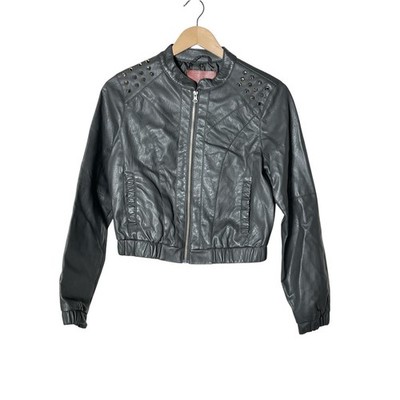 Miss London Studded Gray Faux Leather Bomber Jacket size medium M B87