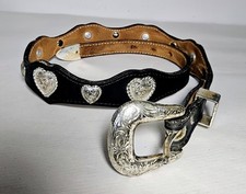 Vintage Ornate Silver Tone Heart Conchos Floral Buckle Leather Belt Size 26