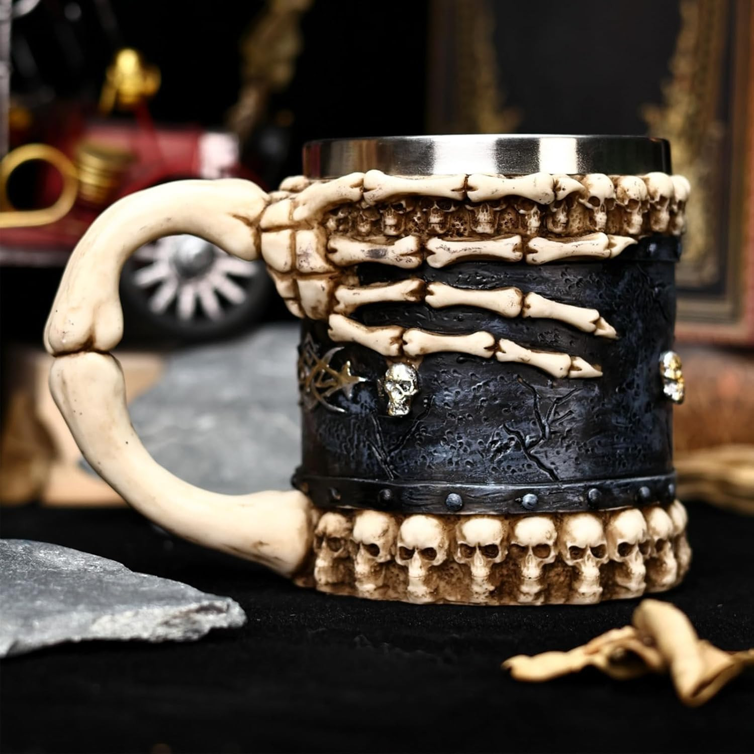 Skull Mug Cup, Halloween Skeleton Drinking Cup, Resin + Stainless Steel Coffee M