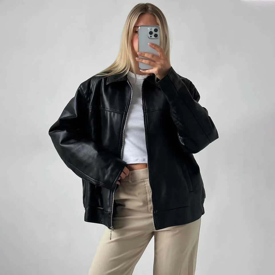 Chaqueta de cuero de piel de cordero suave real bombardero de gran tamaño hecha a mano premium para mujer