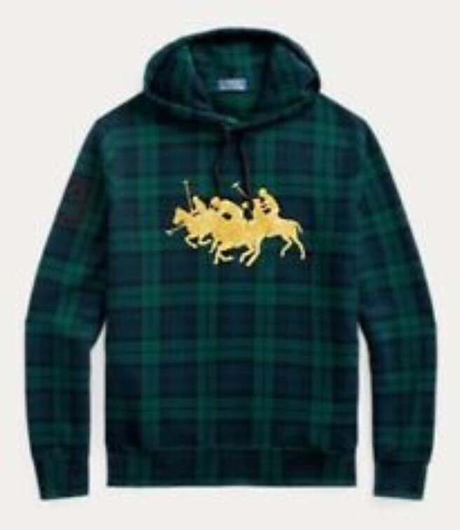 POLO RALPH LAUREN Tartan Plaid Triple Pony Fleece Popover Felpa con Cappuccio Tg XXL