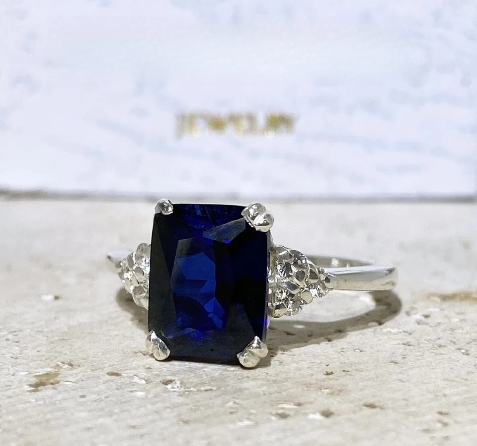 6.30 Ct Emerald Cut Natural Sapphire Diamond Wedding Ring 14K Solid White Gold - Image 4 of 4