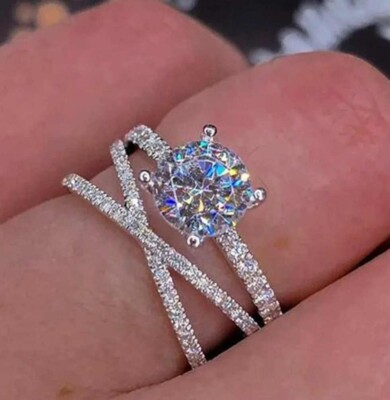 Elegant 925 Sterling Silver White Topaz Charms Wedding Engagement Ring Size 8