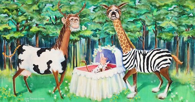 Large Jean Steiner Unger Oil On Canvas Painting MONKEY, PIG, GIRAFFE, PUG, COW. 