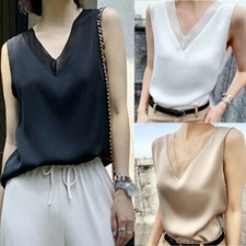 Women Elegant OL V-Neck Silk-Satin Sleeveless Tank Camisole T-Shirt Tops Blouse