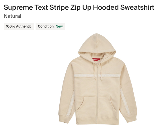 SUPREME Text Stripe Zip Up Hooded Sweatshirt Natural FW19 -Size M