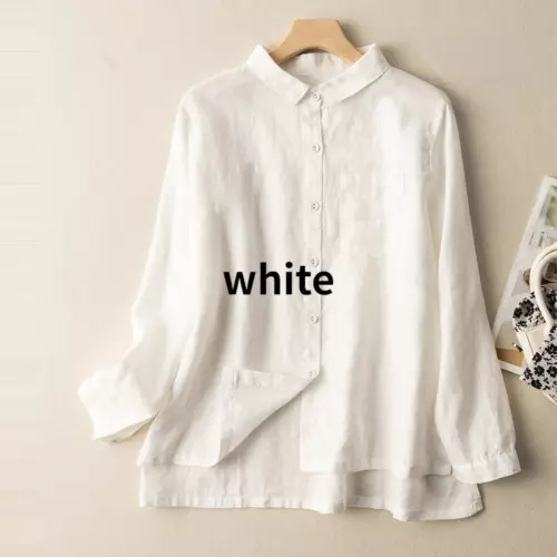 Vintage-Stil Baumwolle Leinen Hemd Bluse Top Knopfleiste Damen Smart Freizeit Einfarbig - Bild 19 von 22