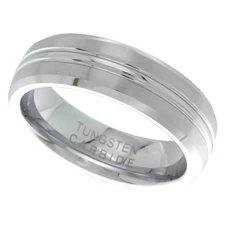 6mm Tungsten Wedding Band Ring Convex Grooved Center, Beveled Edges Satin Finish