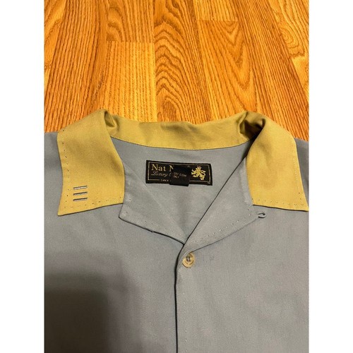Nat Nast shirt men L Luxury Originals Blue tan 100% silk button up short sleeve - Picture 5 of 13