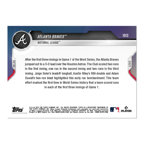 Atlanta Braves - 2021 MLB TOPPS NOW Card 1013 World Series Game 1 score 1st 3 I - Picture 2 of 2