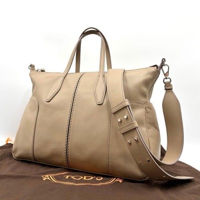 Tod's 2Way Tote Bag Leather Beige Women Used Authentic