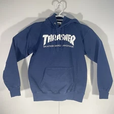 Vintage Y2K Thrasher Skateboard Pull Over Hoodie Magazine Adult Small Navy Blue