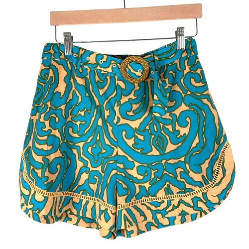 Anna Cate Lizzie Short Teal Peach Block Print Belted Cotton Summer Women's Small - Picture 3 of 14
