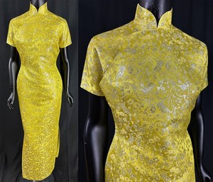 Vintage Chinese Cheongsam Yellow Silk Silver Lame Qipao Dress Long Evening Gown