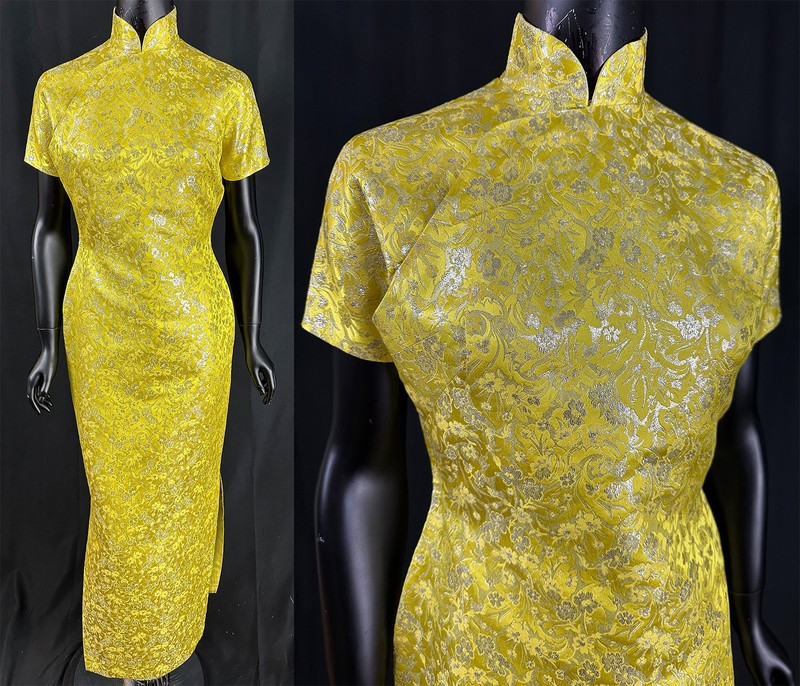 Vintage Chinese Cheongsam Yellow Silk Silver Lame Qipao Dress Long Evening Gown
