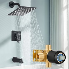 Shower Faucet Set Black 8" Rainfall Head Combo Kit Wall Mixer Valve W/Tub Spout