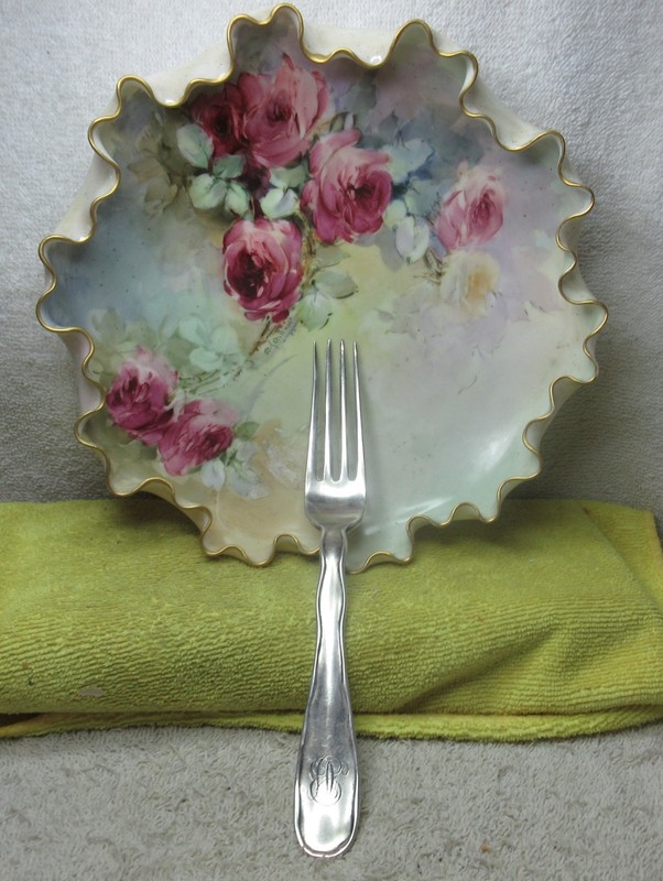 early vintage Belleek custard flower dish w/ Tiffany 1880 sterling serving fork